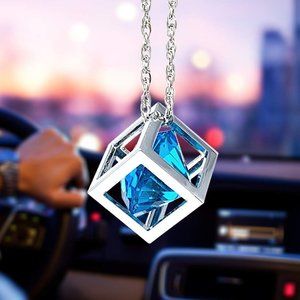 Blue Diamond Cube Crystal Car Rear View Mirror Charms, Bling Car Accessories